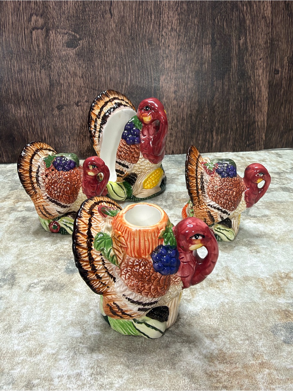 Vintage 1997 Ceramic Turkey Thanksgiving Set Salt Pepper Napkin candle holders